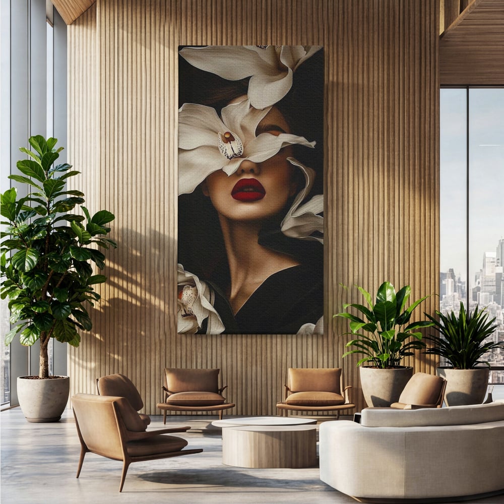 Tablou canvas cu tablou canvas cu femeie si orhidee, fara rama, pe sasiu de lemn, pe perete intr-un birou